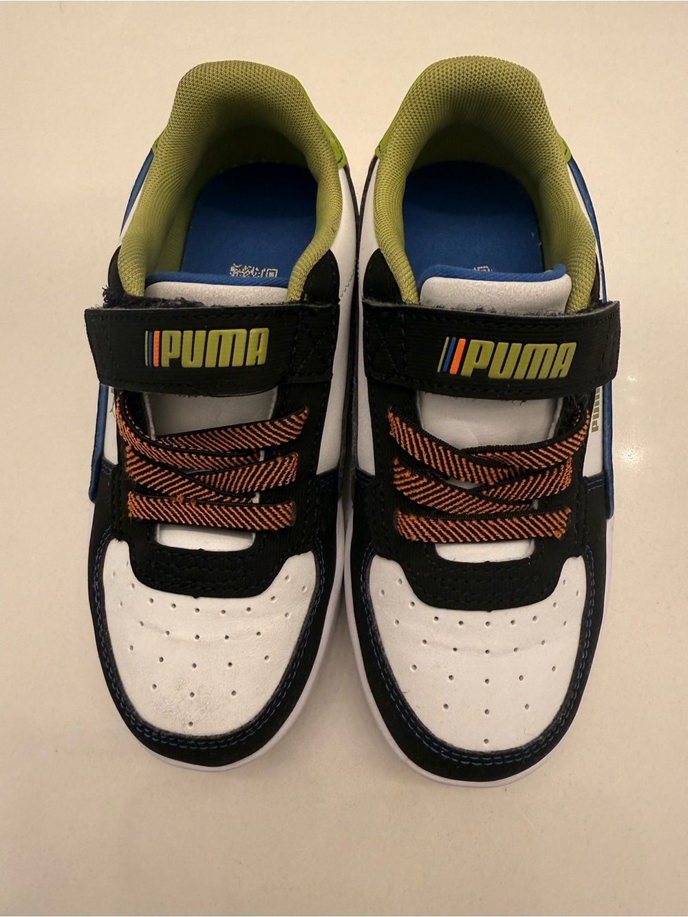 Puma Kids White, Black & Blue Sneakers with Lime Lining and Orange Laces